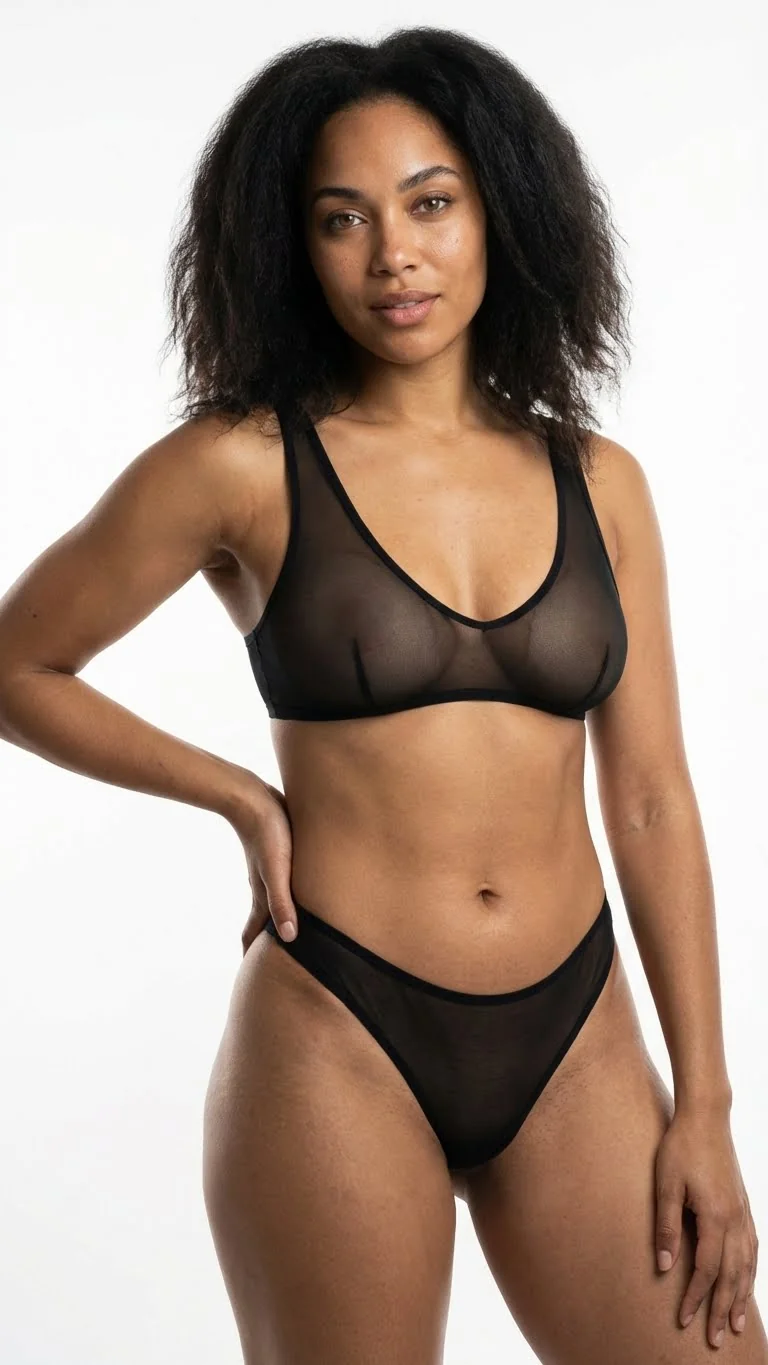 Metal Halka (Ring) Detaylı Tül Tanga Midnight Black - Arkası Bantlı ve Pencereli Fantezi Mode - Arka Görünüm - LunaIntim